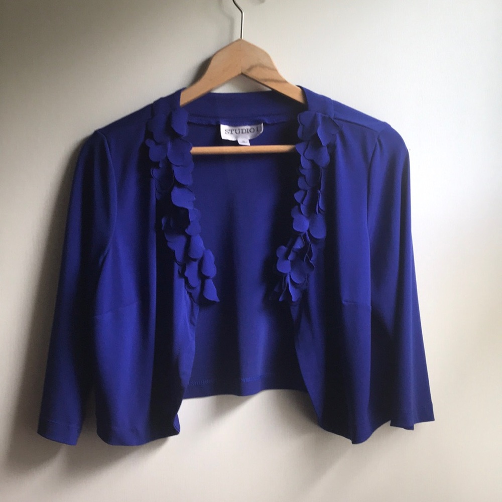 Studio I Royal Blue Shrug Bolero Floral Appliqués lapel hook eye closure sz 10 - Picture 4 of 14